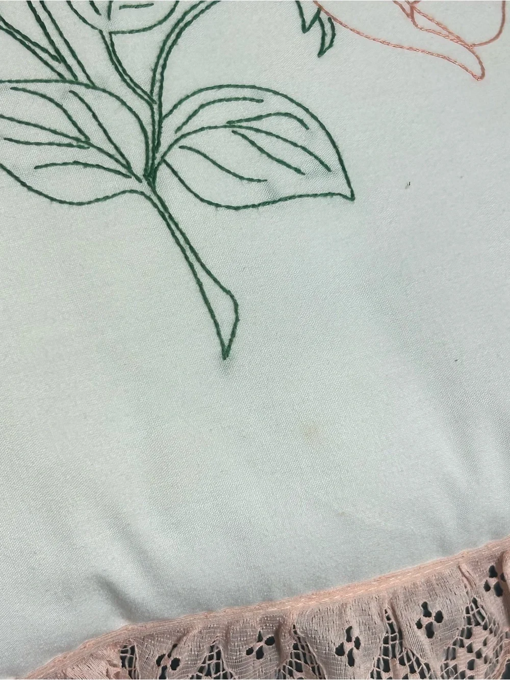 Vintage French Country Pillow Embroidered Rose Lace Trim Cottagecore 80s/90s